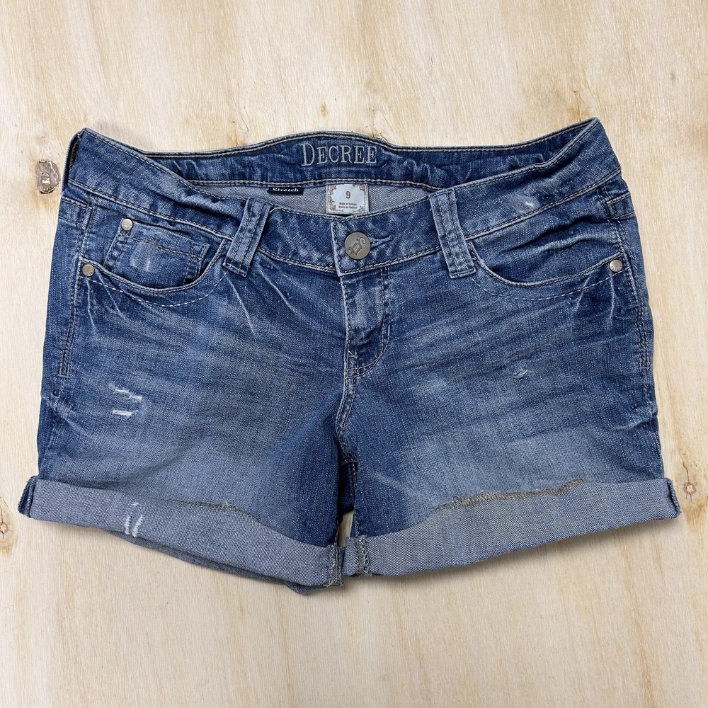 Y2K Decree Jean Shorts Womens 9 Blue Denim Distressed Cuffed Cutoff Casual